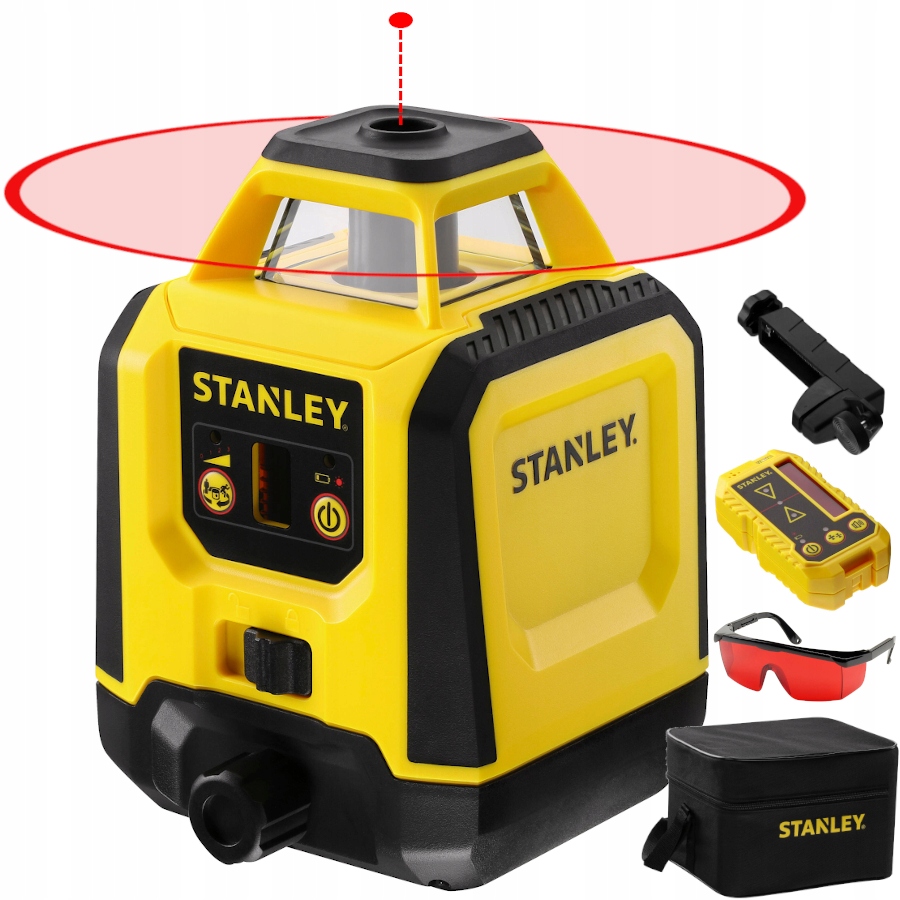 Niwelator obrotowy Stanley z czerwoną wiązką na statywie budowlanym