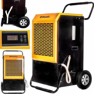 Ciężki, przemysłowy osuszacz powietrza Riwall o wydajności 138 litrów na dobę, przygotowany do wynajmu w Jaworznie.